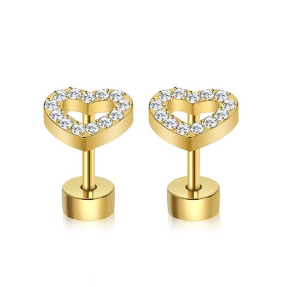 XUU 20G Flat Back Stud Earrings ASTM F136 Titanium & Sparkling CZ - color: gold heart