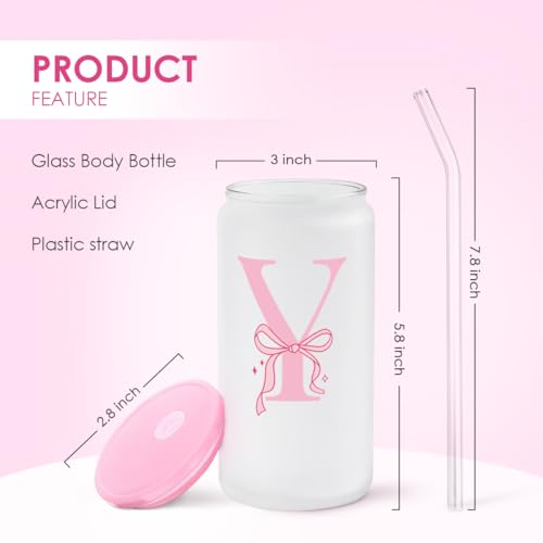 SANDJEST Monogrammed Glass Drinking Can Cup with Acrylic Lid and Straw, Personalized Frosted Iced Coffee Tumbler 16oz, Monogram Initial Gifts for Women Girls on Birthday (Y) - color: Y
