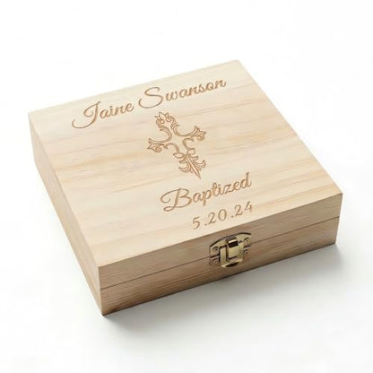 Personalized Baptism Jewelry Box, Wooden Memory Storage Keepsake - color: Natural Wood