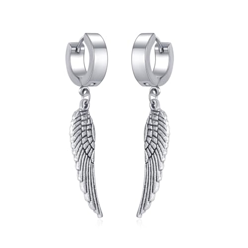 Angel Wings Huggie Hoop Earrings for Women Men Punk Stainless Steel Silver Feather Dangle Drop Earrings Trendy Mini Small Cuff Hoop Earring Hypoallergenic Wing Statement Earring Halloween Birthday Party Jewelry