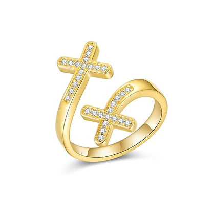 925 Sterling Silver Adjustable Cross Ring with Cubic Zirconia for Women Baptism Gifts - color: Yellow Gold