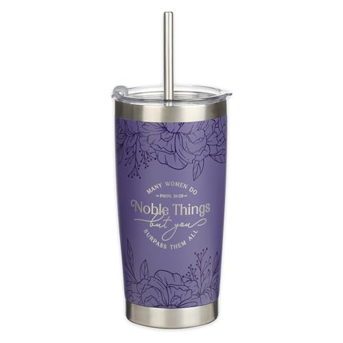 Christian Art Gifts Large Stainless Steel Insulated Travel Mug Tumbler & Reusable Straw: Women Do Noble Things Inspirational Scripture, Sturdy Flip Lid, Double Wall Vacuum, Cute Purple Floral, 18 oz. - color: Purple Floral/Noble Things