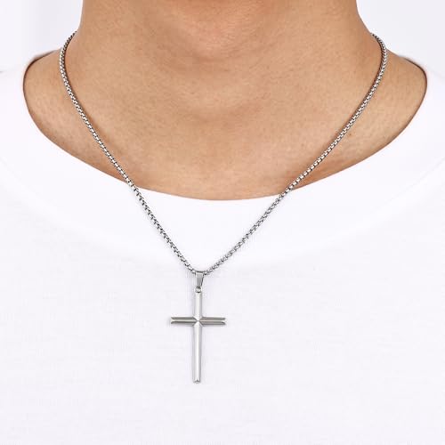 Fiusem Beveled Edge Cross Necklace for Men - size: 22 inches length, style: Silver cross: 1.6"*1.0"