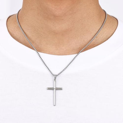 Fiusem Beveled Edge Cross Necklace for Men - size: 22 inches length, style: Silver cross: 1.6"*1.0"
