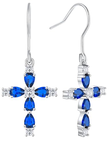 YL 925 Sterling Silver Cross Dangle Earrings Halo Birthstone Hook Earrings Religious Jewelry for Women - color: 9-sapphire-Sept