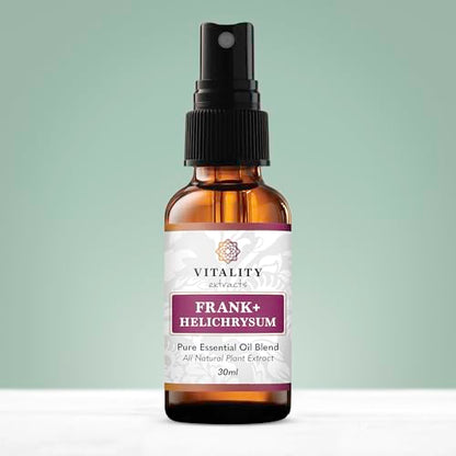 Vitality Extracts Frank+ Helichrysum Essential Oil Blend - 30ml Spray Bottle, Frankincense Boswellia Seratta, Aromatherapy, Soft Skin, Relief from Daily Aches & Soreness, Natural - size: 1.01 Fl Oz (Pack of 1)