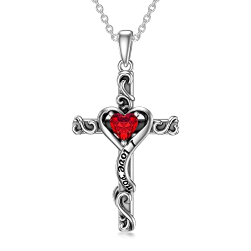 TOUPOP Cross Birthstone Necklace for Women 925 Sterling Silver Heart Cross Pendant I Love You Jewelry Anniversary Christmas Birthday Gifts for Wife Mom Her - color: 01-Garnet