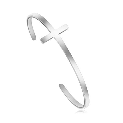 Memgift 𝐂𝐫𝐨𝐬𝐬 𝐁𝐫𝐚𝐜𝐞𝐥𝐞𝐭 Religious Cuff Bangle 𝐁𝐢𝐛𝐥𝐞 𝐕𝐞𝐫𝐬𝐞 Christian Gifts Jewelry for 𝐖𝐨𝐦𝐞𝐧 - style: Silver blank cross cuff