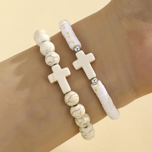 Colorful Handmade Cross Beaded Bracelet for Women Qute Religious Stone Clay Beaded Bracelet for Christian Inspirational Easter Chrismas Thanksgiving Gifts Jewelry - color: White
