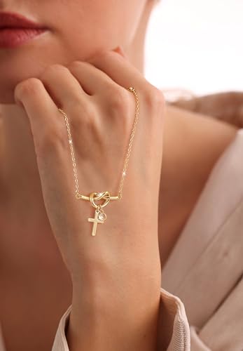 Moodear Cross Bracelet for Women, Dainty Sterling Silver/Gold Plated Gift - color: Gold Knot Cross Bracelet