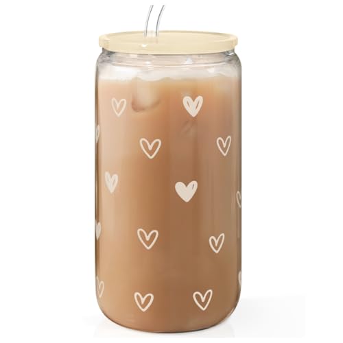 SANDJEST Heart 16oz Can Glass Tumbler with Acrylic Lid & Straw, Iced Coffee Cup for Women, Aesthetic Cups Gifts for Birthday Christmas Valentine - color: Heart