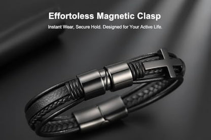 Stainless Steel Braided Leather Bracelet for Men Cuff Bangle Cross - color: 3 Colors