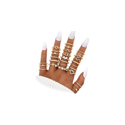 Gold Stackable Rings Set for Women, Gold Plated Chunky Crystal Finger Rings - color: Gold Thin Rings