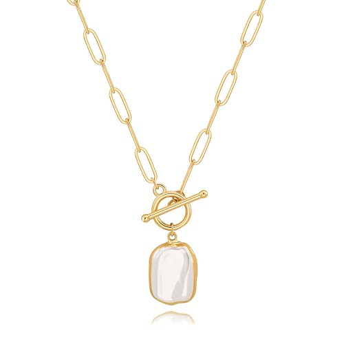 SOFYBJA Saint Benedict Necklace Drop 18K Gold Toggle Medallion Coin Cross Pendant Necklaces Religious Jewelry Catholic Gift for Women - color: Gold Square Baroque Pearl Pendant Necklace