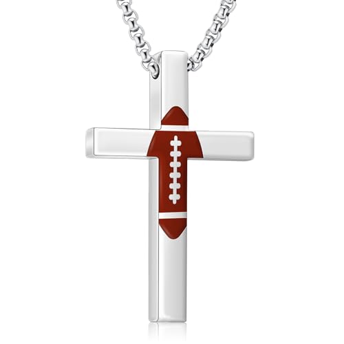 Baseball Football Cross Necklace for Men Boys Sport Chain Gifts - color: Silver, style: Football