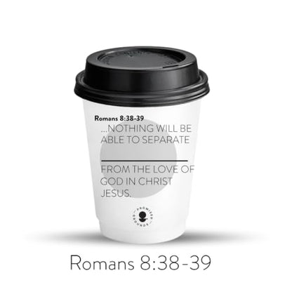 Double-Walled Paper Hot Cup, 12oz, Grey, Personalized Scripture Verses, for Sunday Morning Coffee Service and Small Groups, 25 Pack with Black Lids