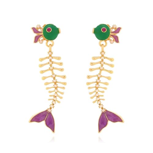 Fish Bone Earrings Drip Oil Animal Earrings Colorful Crystal Sparkly Enamel Earrings Creative Long Fishbone Earstud Dangle Fish Drop Earrings Jewelry for Women - color: Purple