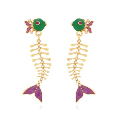 Fish Bone Earrings Drip Oil Animal Earrings Colorful Crystal Sparkly Enamel Earrings Creative Long Fishbone Earstud Dangle Fish Drop Earrings Jewelry for Women - color: Purple