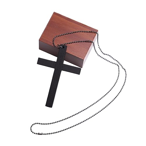 FORUBUS Wooden Cross Pendant Necklace - Wood Beads Cross Religion Necklace for Women Men Believer Prayer Baptism Jewelry - color: E black