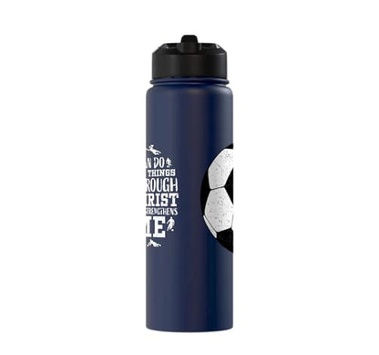 Christian Soccer Faith Graphic Bible Verse Philippians 4:13 Stainless Steel Insulated Water Bottle - color: Navy Blue