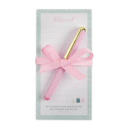 Christian Art Gifts Magnetic Notepad & Pen Set for Mom, Blessed Bible Verse - color: Blue & Pink Floral/Blessed