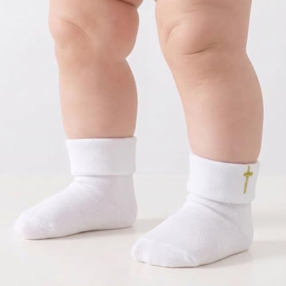 Baptism Socks for Baby Girls - White Newborn Christening Socks With Cross & Eyelet Frilly Lace - color: Gold