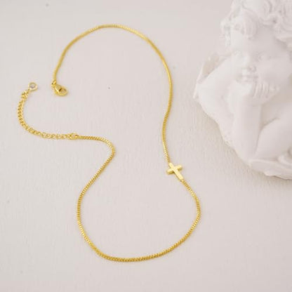 NIXMAX Small Cross Necklace for Women, 14K Gold Silver Plated Pendant - color: Gold-Sideways Cross