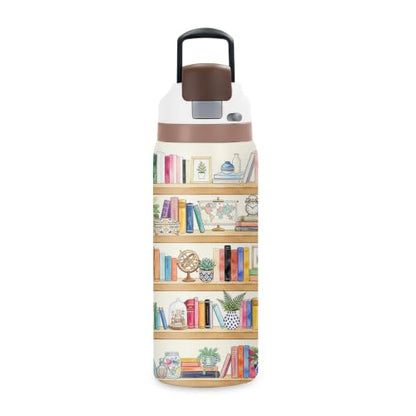 Books 32oz Insulated Water Bottle, Booklover Gift, 2-in-1 Lid, 1PCS - color: Books-Beige
