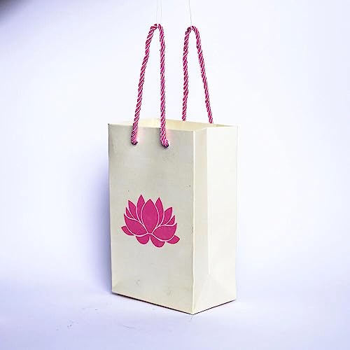 Desi Favors Lotus Gift Bags - Lotus Printed Paper for Christmas, Weddings, Birthday,s Pooja/puja Return Gifts Shagun Gift Bags - 7.4x4.7x3.14 Inch (Pack of 8) - style: Pearl White (Pink Lotus)