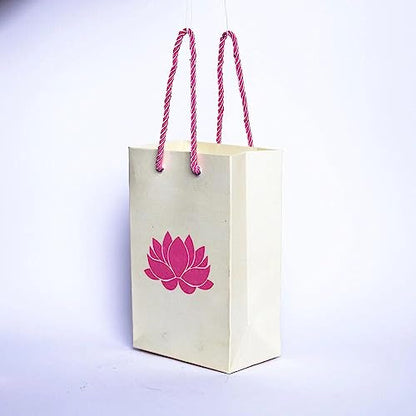 Desi Favors Lotus Gift Bags - Lotus Printed Paper for Christmas, Weddings, Birthday,s Pooja/puja Return Gifts Shagun Gift Bags - 7.4x4.7x3.14 Inch (Pack of 8) - style: Pearl White (Pink Lotus)