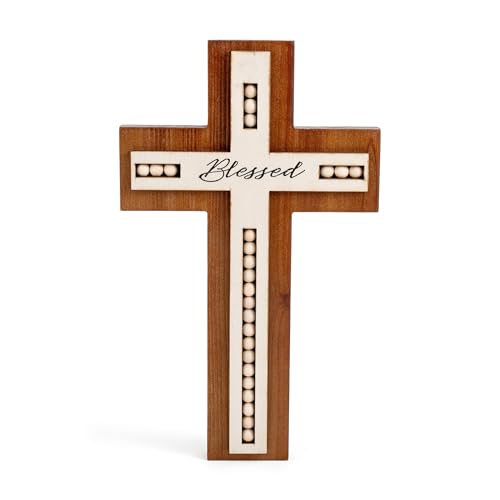 BONNY DODO Christian Wood Cross Wall Decor - Retro Blessed Rustic Wooden Wall Hanging Art, Home Sculpture with wood beads Home Decer (Wooden bead style)