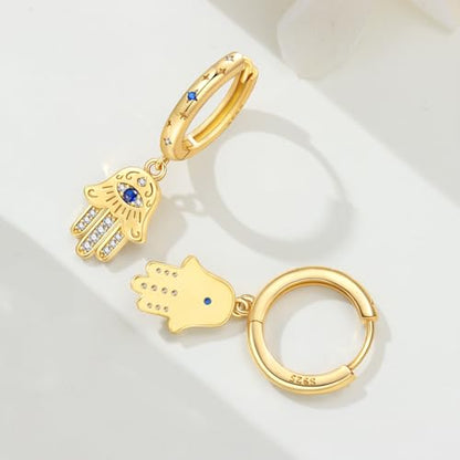 925 Sterling Silver Hoop Earrings Drop Dangle Earrings for Women Hypoallergenic Earring Trendy Huggie Earring Cute Graduation Birthday Gifts Jewelry for Women - color: Gold lucky Hand earrings