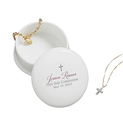 Personalization Universe God Bless Porcelain Personalized Keepsake Box - Customizable Jewelry Box for Baptism, First Communion, and Confirmation with Name, Message, and Date - Pink, Blue, Grey Options