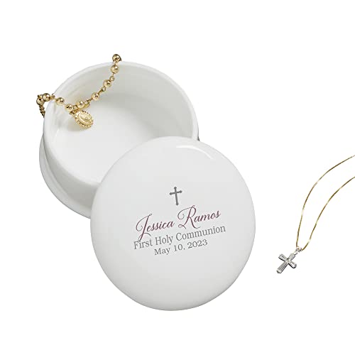 Personalization Universe God Bless Porcelain Personalized Keepsake Box - Customizable Jewelry Box for Baptism, First Communion, and Confirmation with Name, Message, and Date - Pink, Blue, Grey Options