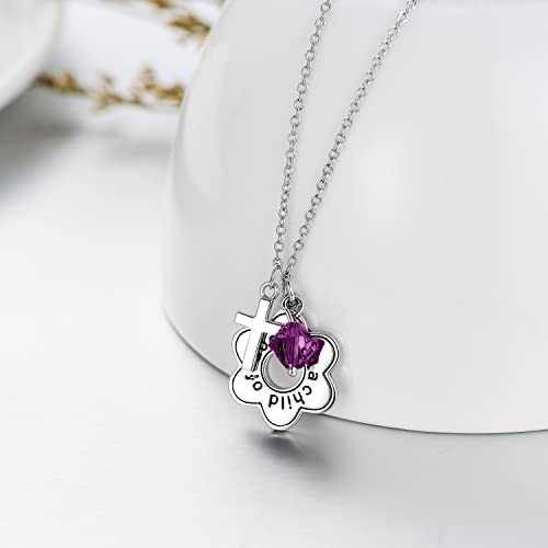AOBOCO 925 Sterling Silver I Am a Child of God Daisy Necklace Jewelry Birthday Birthday Baptism Communion Gifts for Girls - color: Simulated Amethyst