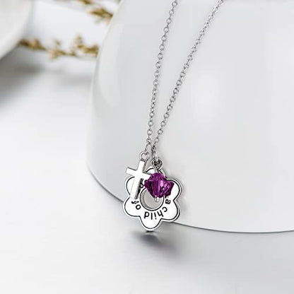 AOBOCO 925 Sterling Silver I Am a Child of God Daisy Necklace Jewelry Birthday Birthday Baptism Communion Gifts for Girls - color: Simulated Amethyst