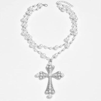 Pearl Cross Necklace Big Cross Pendants Necklaces for Women Chunky Pearl Necklace Gothic Cross Necklace Punk Vintage Cross Jewelry Women - style: Silver 05