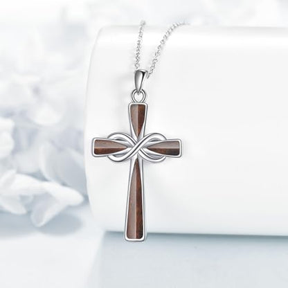 Infinity Cross Necklace S925 Sterling Silver Turquoise/Wooden/Opal/Abalone Cross Pendant Necklaces Christian Jewelry Gifts For Women - style: Wooden