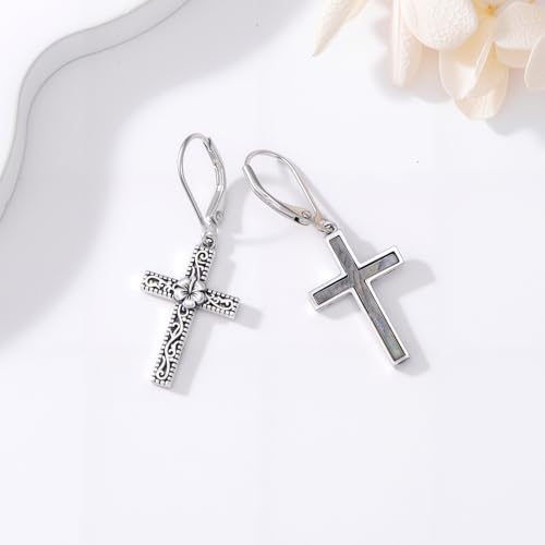 925 Sterling Silver Sunflower/Rose/Plumeria/Hibiscus/Mushroom Cross Earrings for Women Hawaiian Flower/Butterfly Cross Dangle Drop Earrings Jewelry Faith Christian Gift for Her Daughter Wife Girlfriend - style: Hibiscus