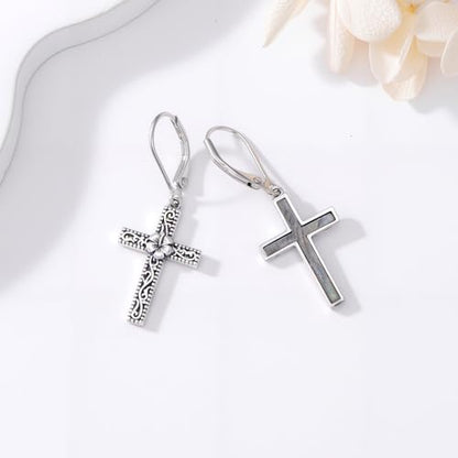 925 Sterling Silver Sunflower/Rose/Plumeria/Hibiscus/Mushroom Cross Earrings for Women Hawaiian Flower/Butterfly Cross Dangle Drop Earrings Jewelry Faith Christian Gift for Her Daughter Wife Girlfriend - style: Hibiscus