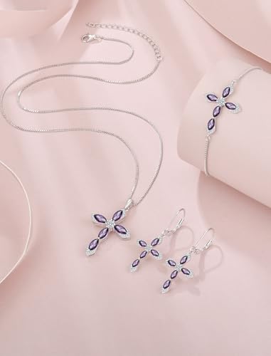 Birthstone Cross Earrings for Women 925 Sterling Silver - color: 02 February - Amethyst
