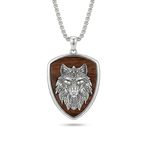 ONEFINITY Wooden Necklace Viking Wolf/St Benedict Medals/St Michael/Crucifix/St Christopher Pendant Necklace for Men Archangel Amulet Wooden Religious Jewelry Gifts for Men Women - style: Viking Wolf