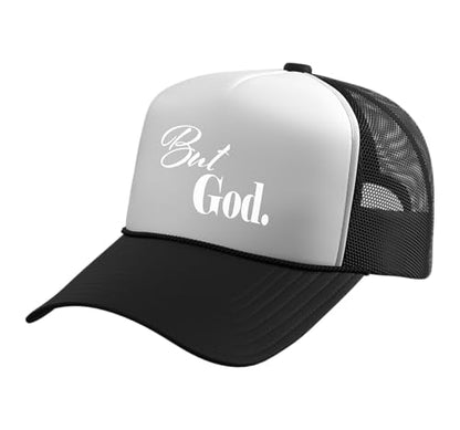 Christian Religious But God Strong Women Men of Faith Gifts Trucker Hat with Adjustable Mesh Back - color: Black/White