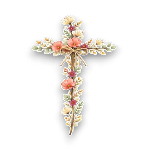 Cross with Wildflowers Sticker 5 inch, Cross car Decal Sticker, Waterproof Vinyl Decal for Car, Trucks, Laptops, Book, Wall, Window Bumper Stickers