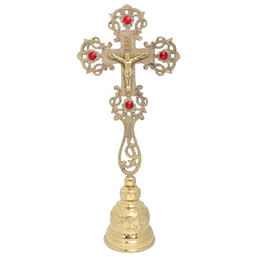 Needzo Brass Cross with Red Faux Crystals, Catholic Church Altar Decor, 12 x 5 Inches