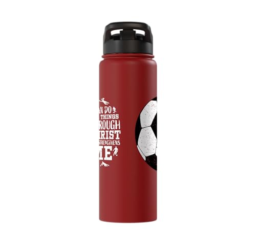 Christian Soccer Faith Graphic Bible Verse Philippians 4:13 Stainless Steel Insulated Water Bottle - color: Red