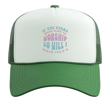Christian Faith If Stars were Made to Worship Bible Verse Trucker Hat with Adjustable Mesh Back - color: Kelly Green/White