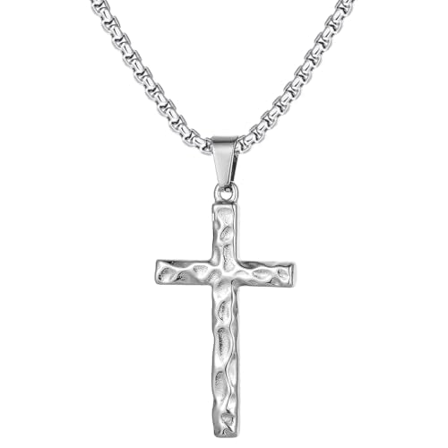Hammered Stainless Steel Cross Necklace for Men Rustic Christian Faith Jewelry Gift Gold Black Silver Cross Chain for Teens Son Gift 16-24Inches - color: SILVER, size: 20INCH