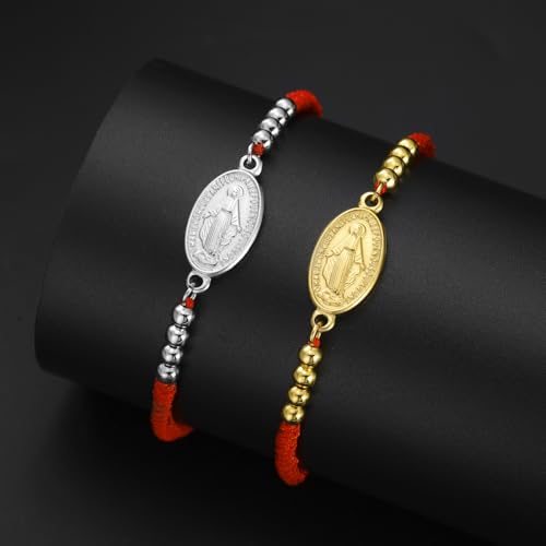 VASSAGO Virgin Mary Bracelet for Women Men Double-Sided Virgen de Guadalupe Rosary Bracelet Medal Handmade Braided Rope Catholic Christian Religious Jewelry Gift - color: gold-red string