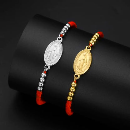 VASSAGO Virgin Mary Bracelet for Women Men Double-Sided Virgen de Guadalupe Rosary Bracelet Medal Handmade Braided Rope Catholic Christian Religious Jewelry Gift - color: gold-red string